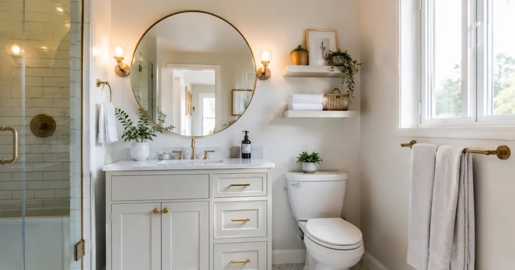 statement-mirror-small-bathroom.webp Small bright bathroom with a large statement round mirror, white vanity, brass hardware, floating shelves, and soft natural light.