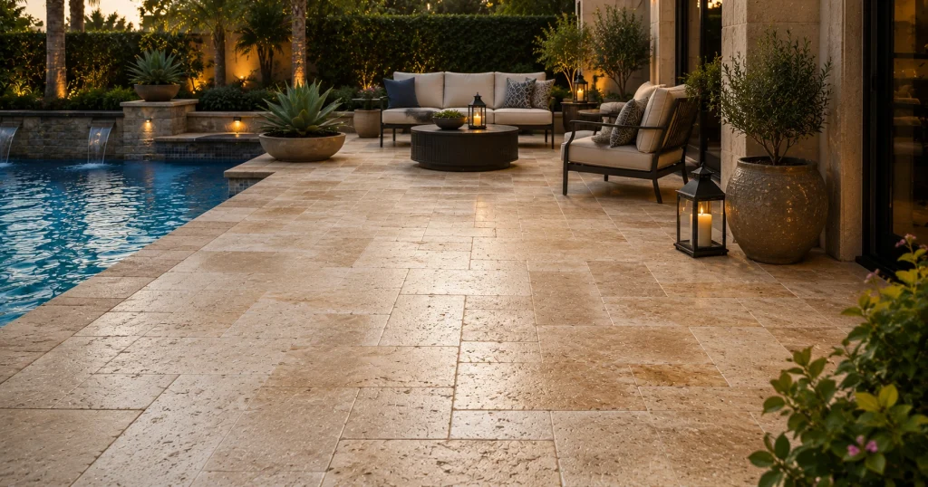 Travertine stone tiles patio flooring idea