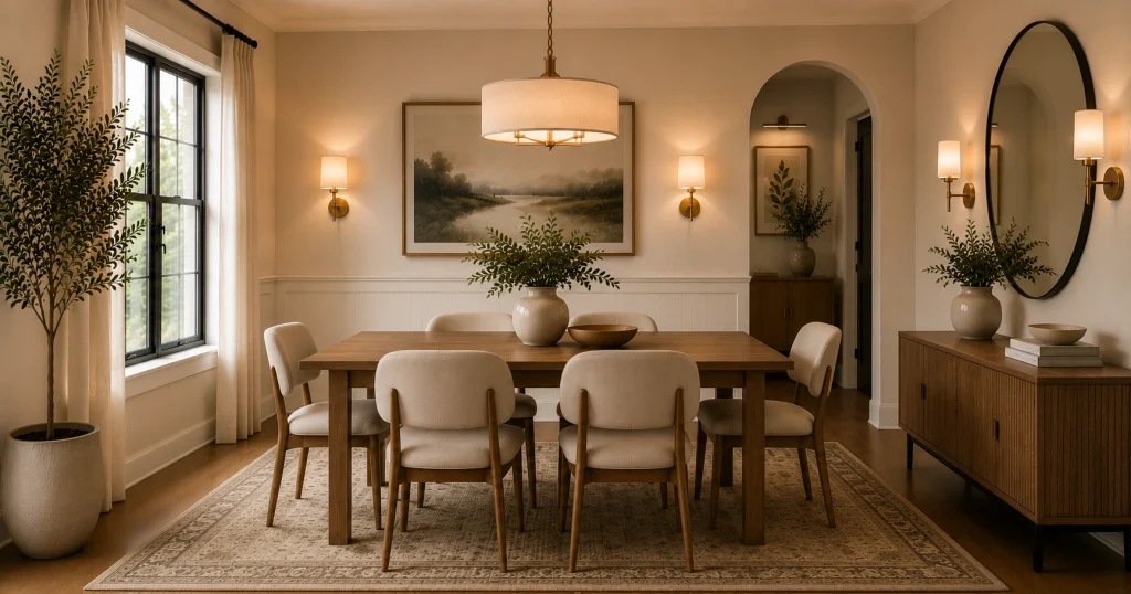 wall-sconces-dining-room-lighting-idea.webp Wall sconces flanking a sideboard in a narrow dining room