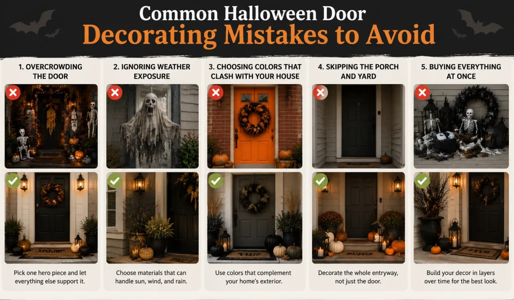 Infographic showing five common Halloween door decorating mistakes with bad and improved examples, including overcrowding, weather exposure, clashing colors, an empty porch, and buying all decorations at once.