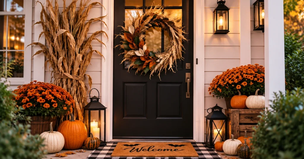 Black and cream cornstalk wreath with faux magnolia leaves on a front door