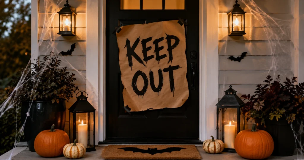 Hand painted black Keep Out sign hanging on a Halloween front door
