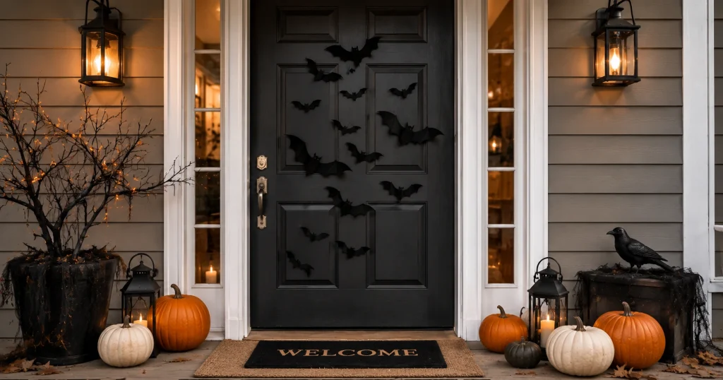 Black paper bat cutouts scattered across a front door for Halloween