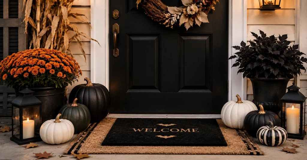 Black doormat styled with faux pumpkins at a Halloween front entrance