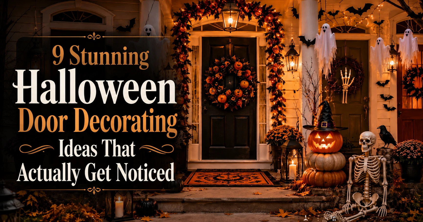 9 halloween door decorating ideas showcasing an elegant wreath and styled front entrance