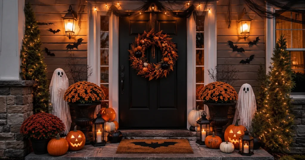 A warmly lit black front door decorated for Halloween with an autumn wreath, glowing pumpkins, lanterns, orange mums, bats, and ghost accents.