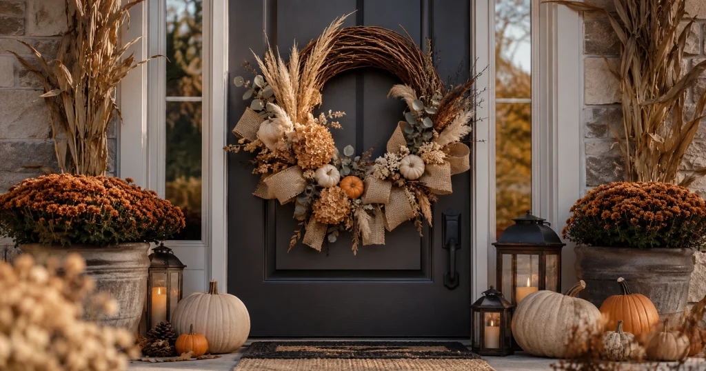 Mixed texture Halloween wreath with burlap ribbon dried florals and enamel pumpkins