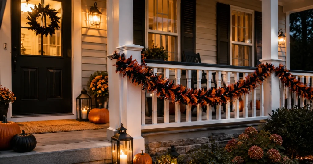 Black Halloween garland draped along a porch railing Title: Porch Railing Garland for Halloween
