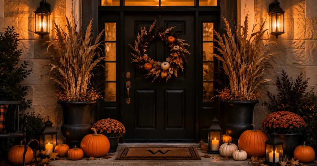 Tall pumpkins and urns filled with cornstalks framing a porch entry
