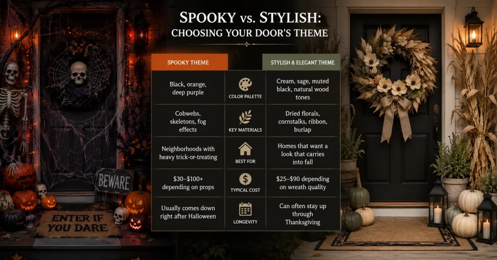 Side by side comparison of a spooky Halloween door theme and a stylish elegant Halloween door theme