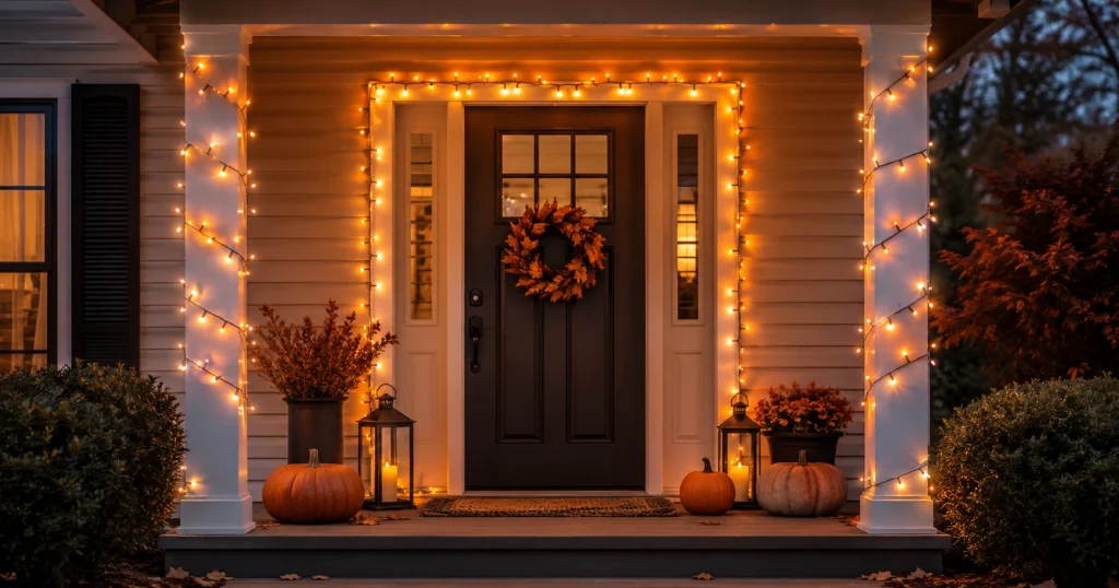Warm orange LED string lights framing a front doorway at night for Halloween