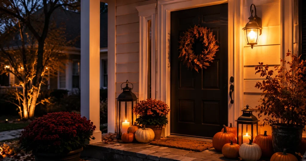 Warm toned porch light illuminating a decorated Halloween front entrance at dusk