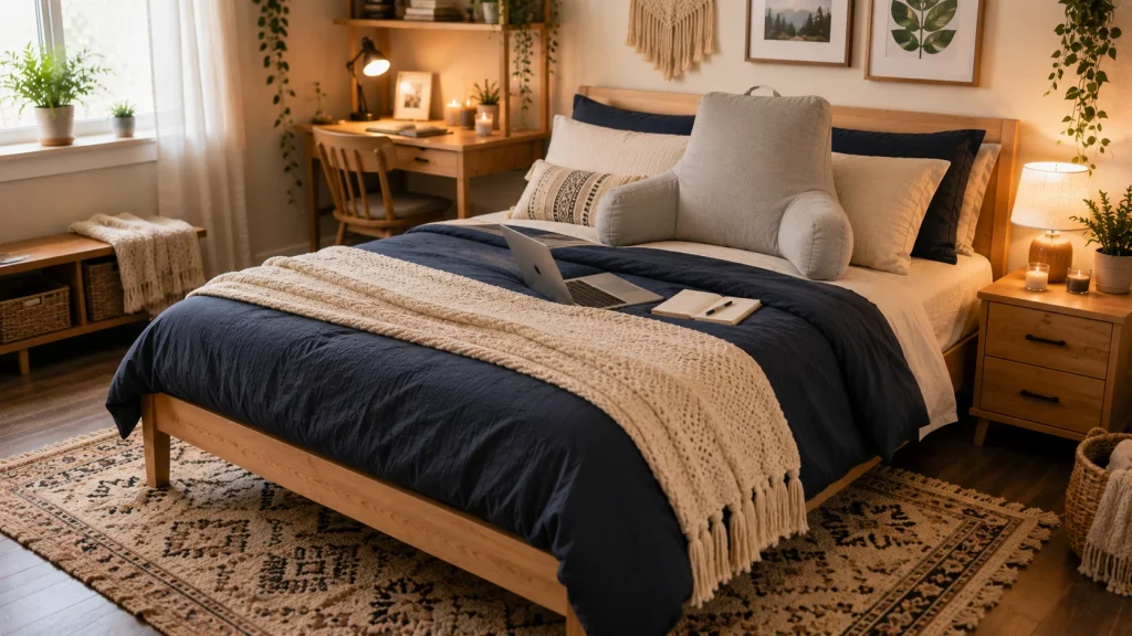 bed-rest-pillow-studying-dorm-room Bed rest pillow with arms used for studying in a dorm room