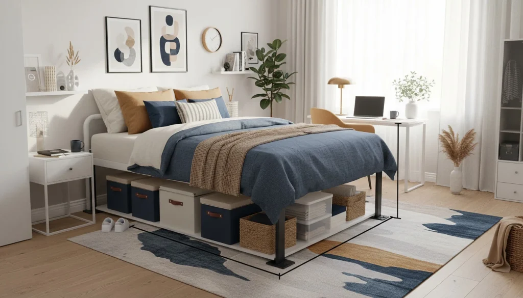 bed-risers-dorm-room-storage Bed risers lifting a dorm bed frame for extra under-bed storage