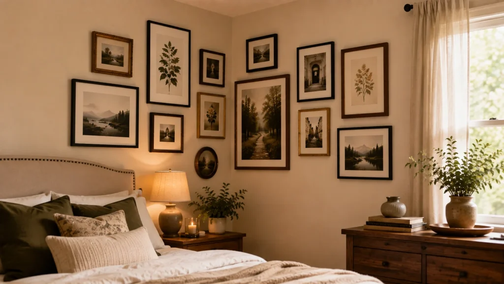 Bedroom corner wall gallery idea above nightstand height