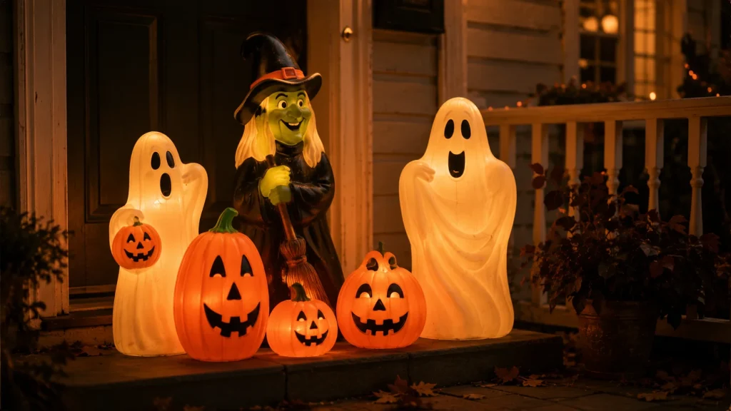 Orange plastic blow mold pumpkin figures lining a front walkway for halloween