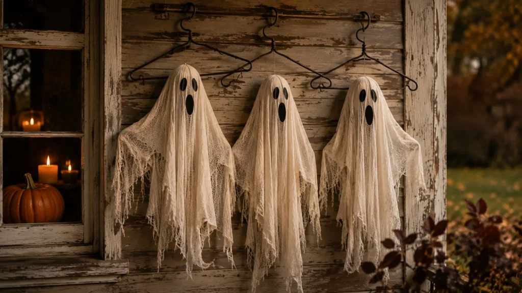 Cheesecloth fabric ghosts hanging from a porch beam styled as vintage halloween decor
