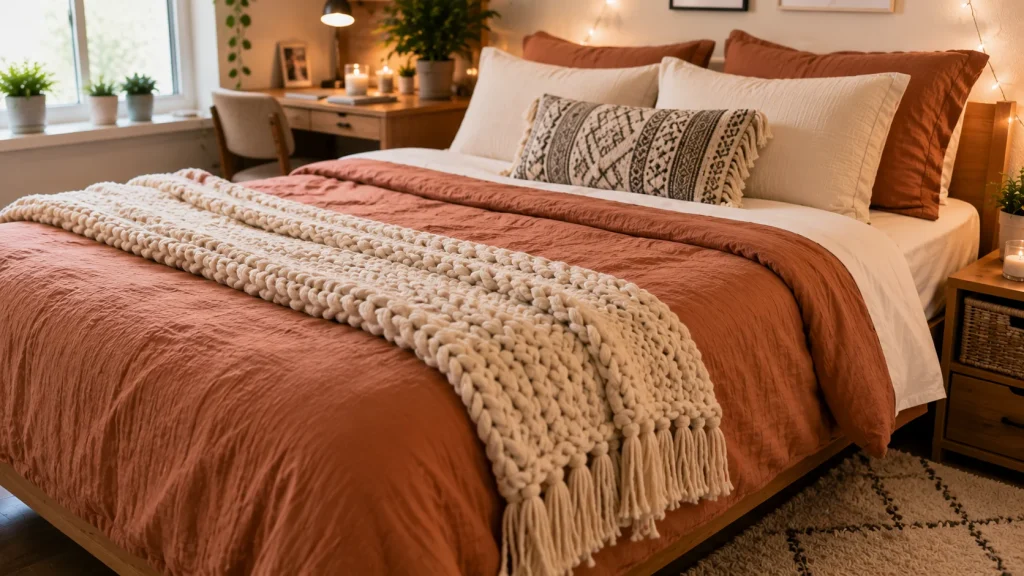 chunky-knit-throw-blanket-dorm-bed Chunky knit throw blanket draped at the foot of a Twin XL dorm bed