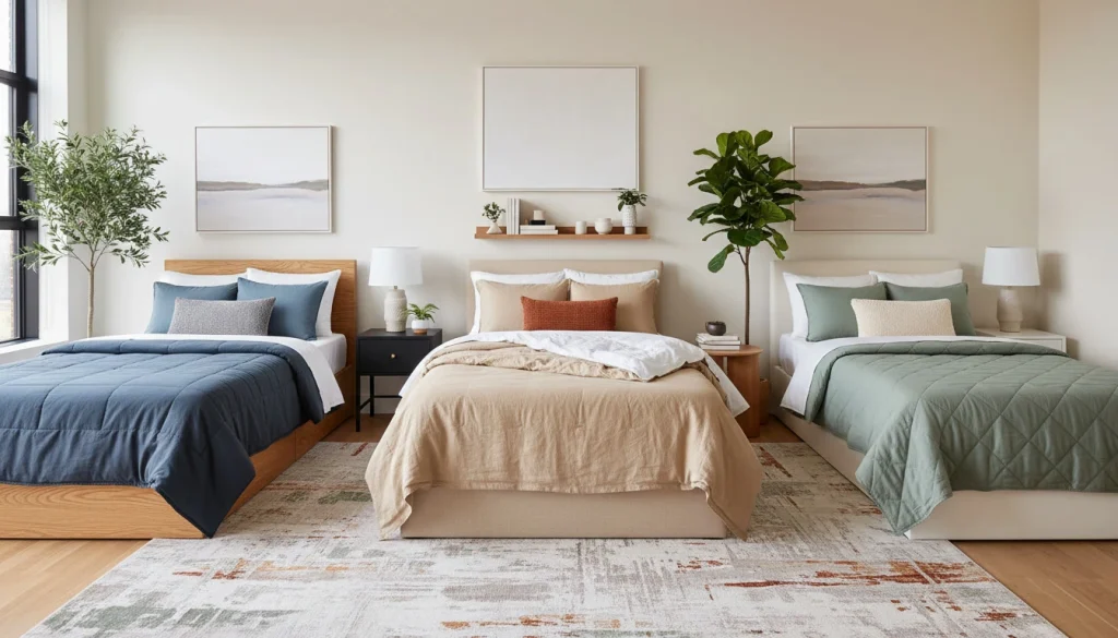 comforter-duvet-cover-quilt-comparison-dorm-bed Side-by-side comparison of comforter, duvet cover, and quilt options for a dorm bed