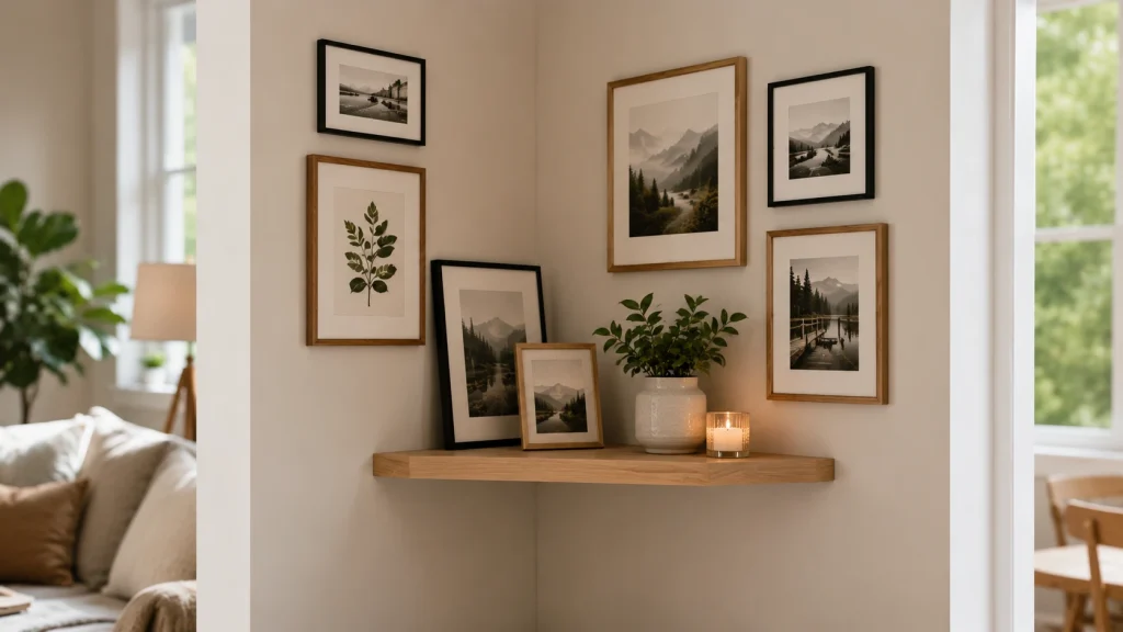 Corner wall gallery idea using a floating shelf to display leaning frames