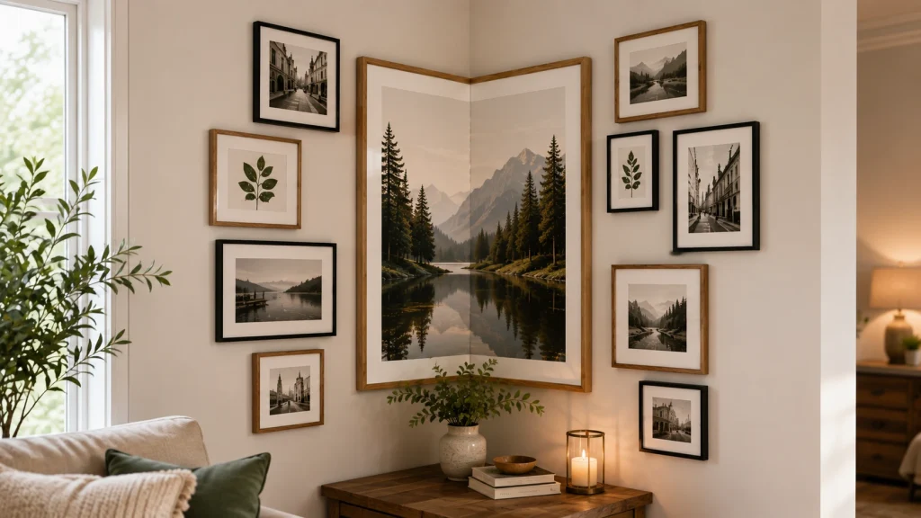 Corner wall gallery idea using an anchor-piece method with a large mirror and smaller frames