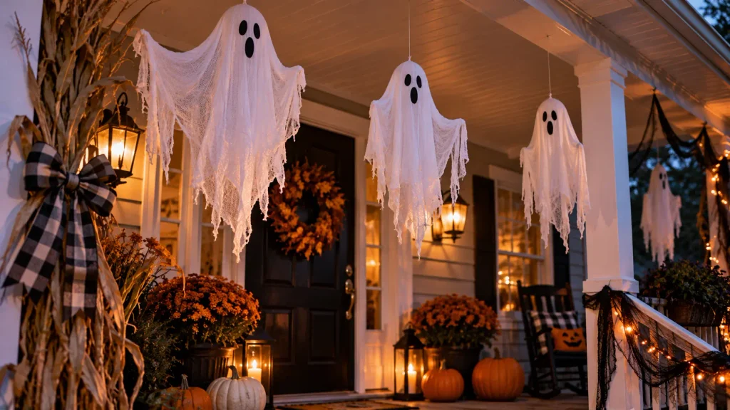 diy-fabric-ghost-cutouts-porch Floating fabric ghost cutouts hanging from a porch overhang for Halloween
