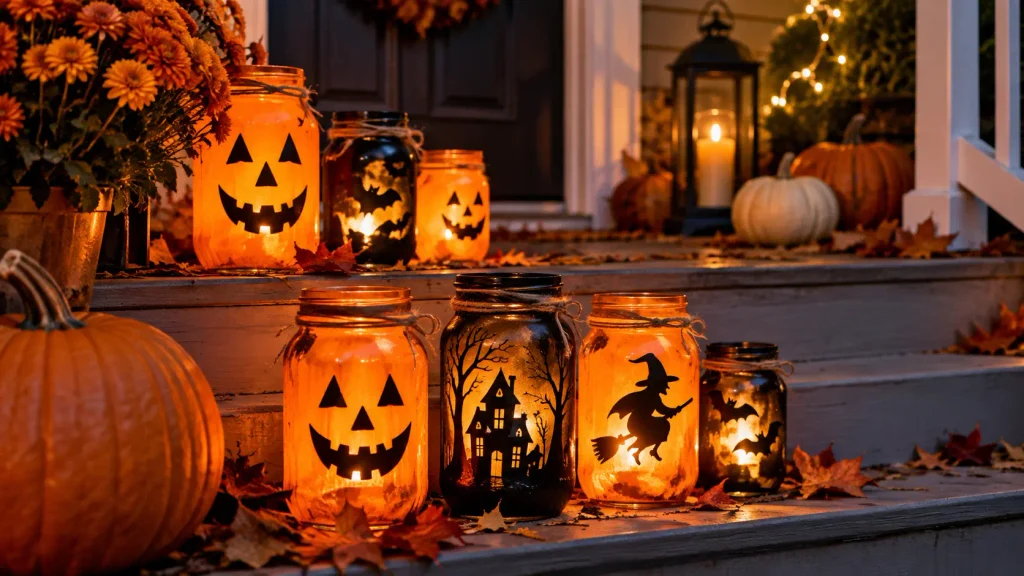 diy-mason-jar-lanterns-halloween DIY painted mason jar lanterns for Halloween porch decor lit with LED candles