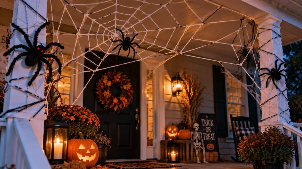 diy-yarn-spider-web-porch DIY black yarn spider web strung between porch posts for Halloween