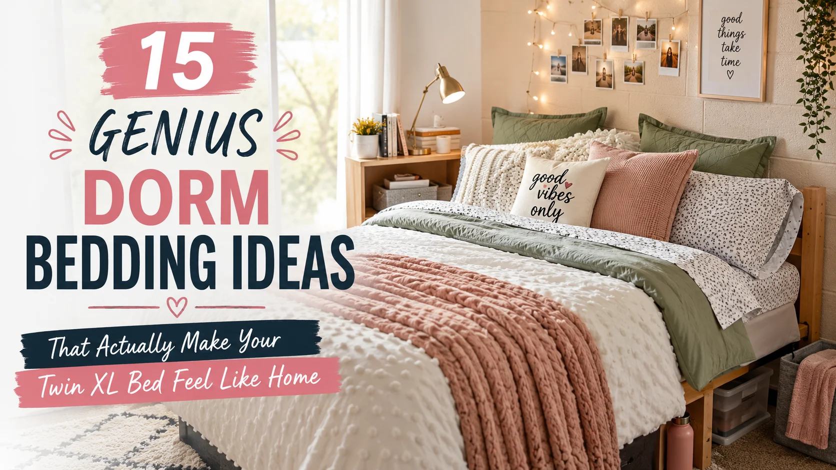 Cozy dorm bedding ideas for a styled Twin XL bed with layered comforter and pillows