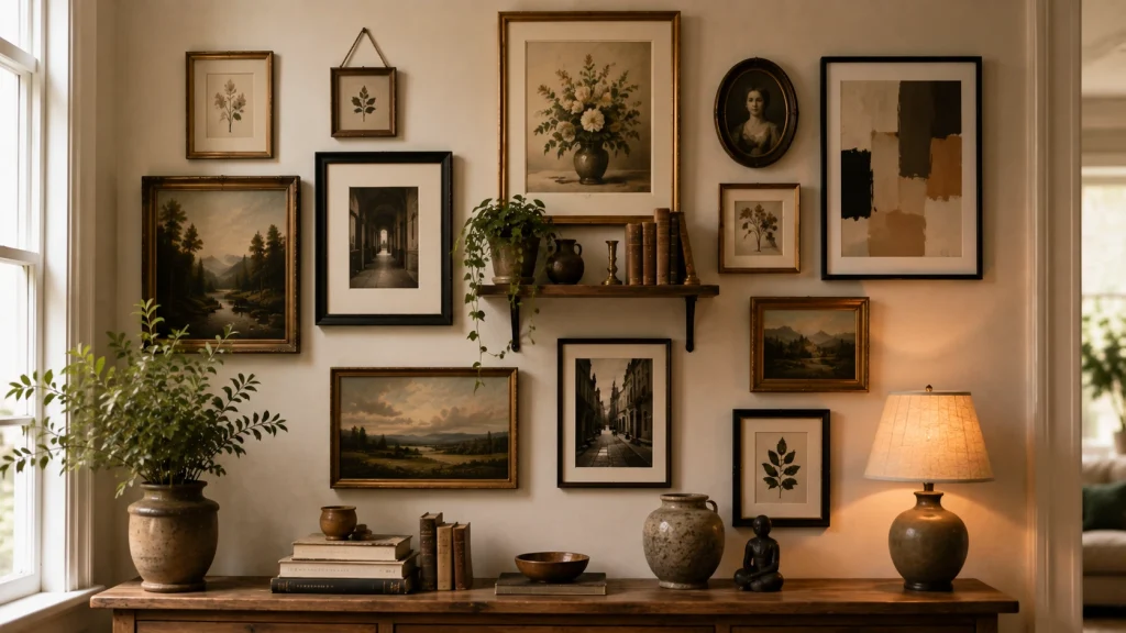 Eclectic corner wall gallery idea mixing art, photos, and small objects
