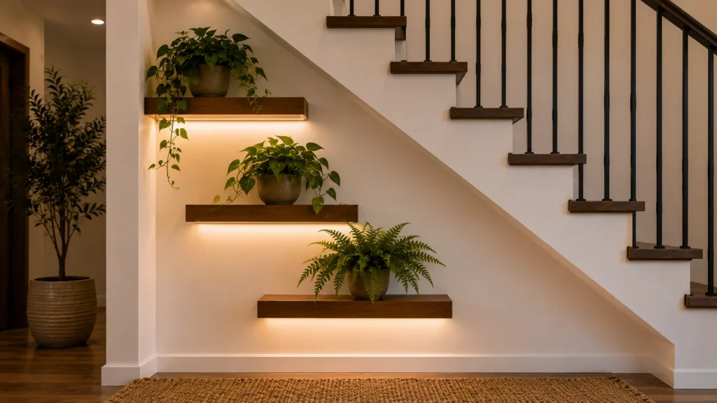 floating-shelf-plant-trio-stairs Three staggered floating shelves each holding a single potted plant under stairs