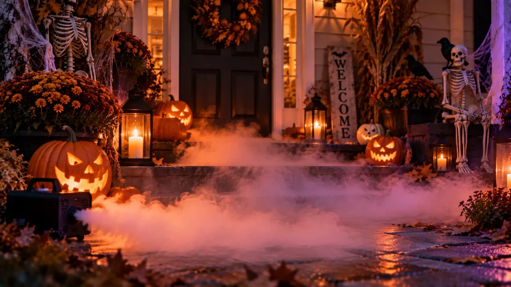 fog-machine-halloween-porch Fog machine creating rolling fog for a scary Halloween front porch decor look