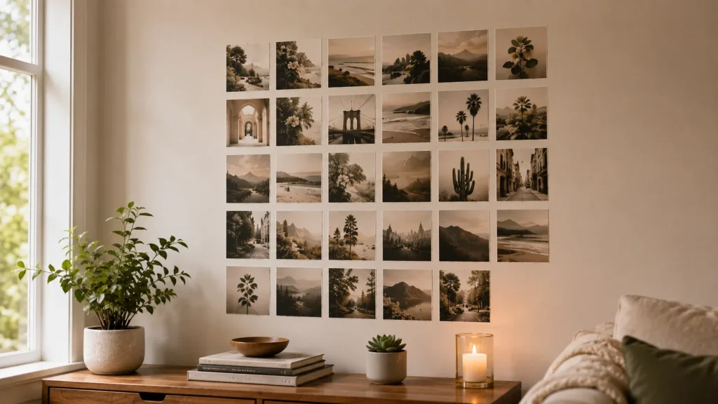 Fun corner wall gallery idea using peel-and-stick photo tiles in a kids room