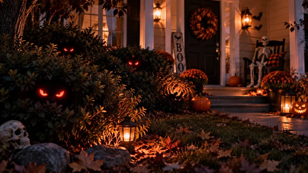 glowing-red-eyes-bushes-halloween Glowing red LED eyes tucked into bushes for spooky Halloween porch decor
