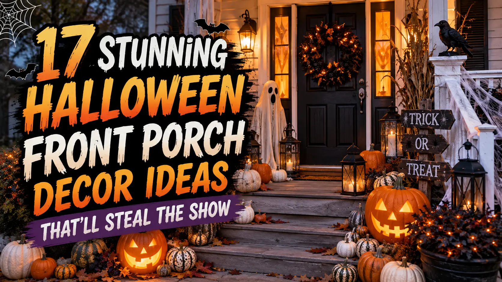 17 stunning Halloween front porch decor ideas with pumpkins, lanterns, wreaths, and spooky decorations