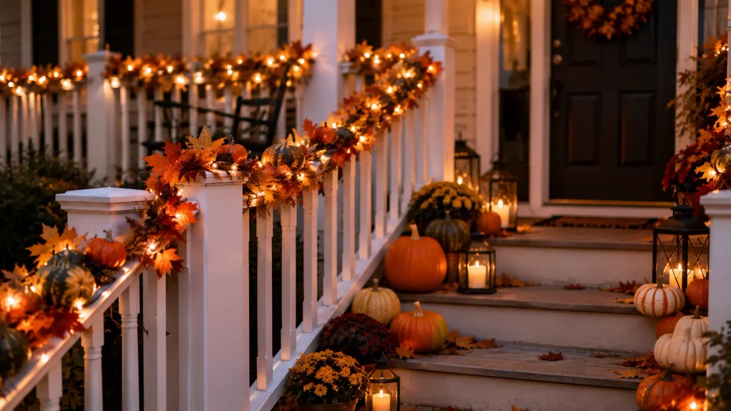 halloween-porch-railing-garland-lights Front porch railing decorated with fall garland and mini string lights for Halloween