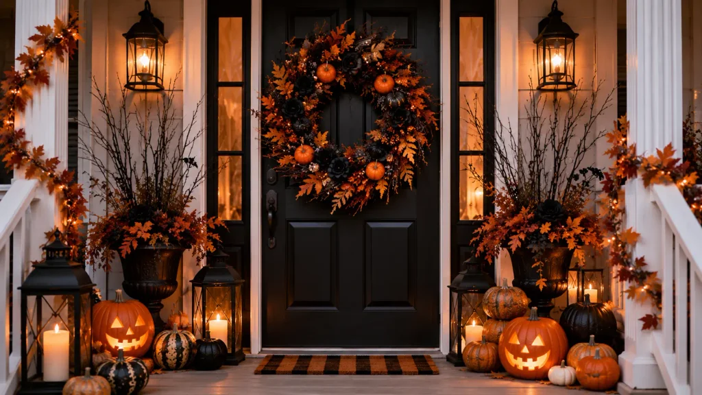 halloween-porch-statement-wreath Statement Halloween wreath hanging on a front door as porch decor