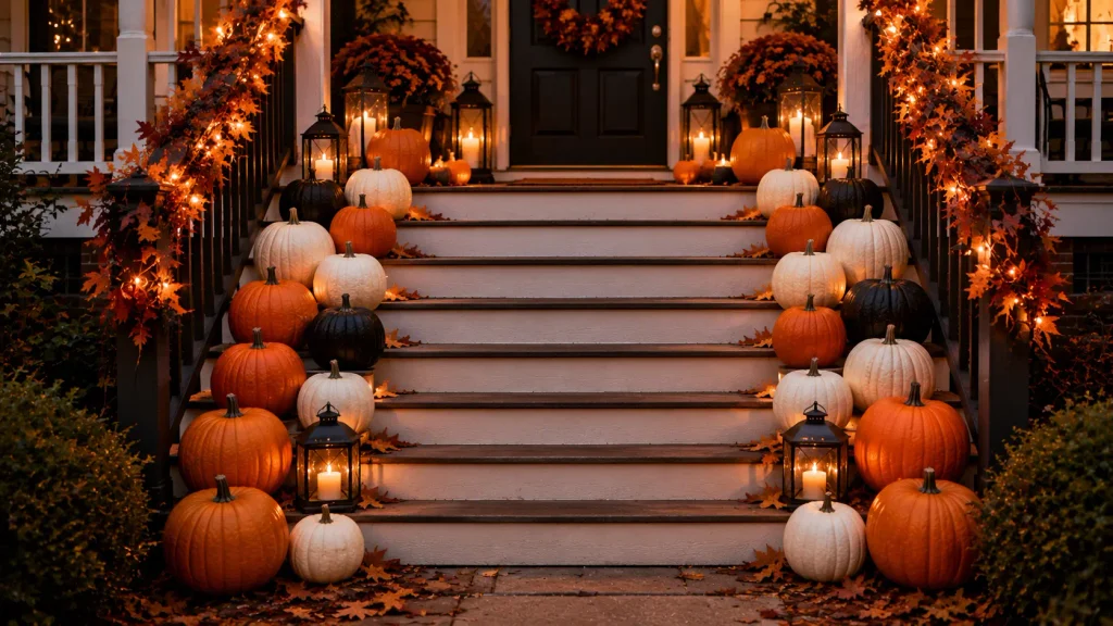 halloween-pumpkin-staircase-steps Pumpkin staircase idea for Halloween front porch decor with orange, white, and black pumpkins