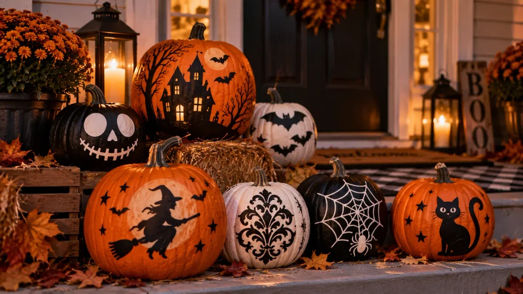 hand-painted-pumpkin-stencils Hand-painted stencil pumpkins as an alternative to carving for Halloween porch decor