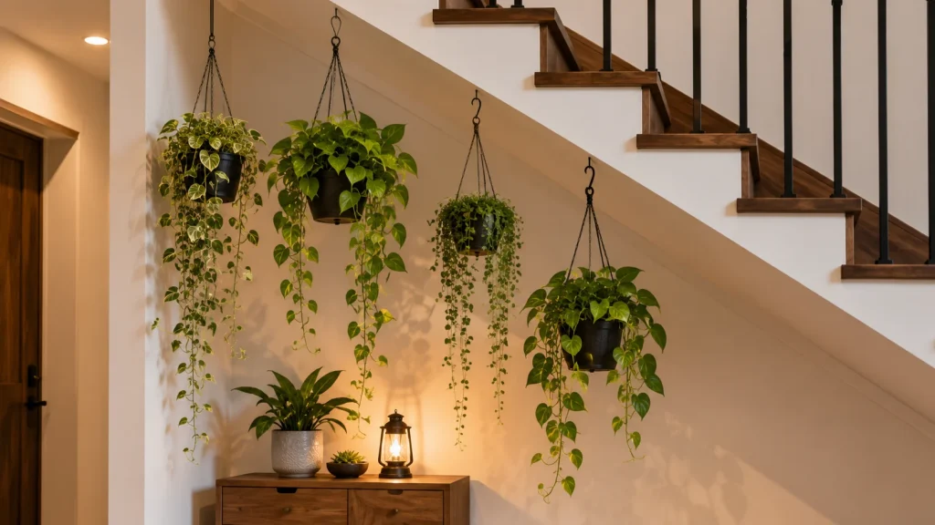 hanging-stair-plants-stringer Trailing pothos plants hanging from hooks along an open staircase stringer