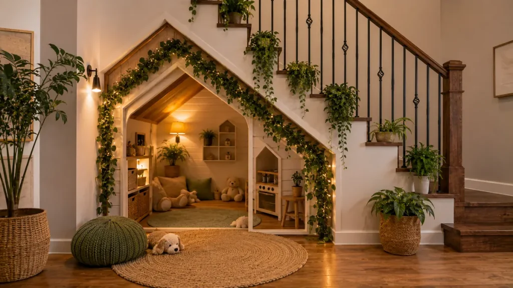 kids-playhouse-greenery-under-stairs
