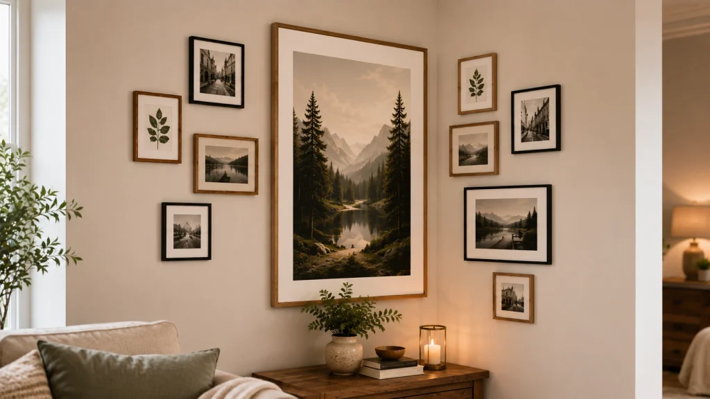 Large corner wall gallery idea with an oversized anchor frame and smaller supporting pieces