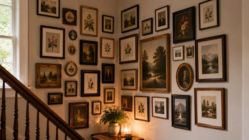 Large corner wall gallery idea using salon-style hanging in a stairwell