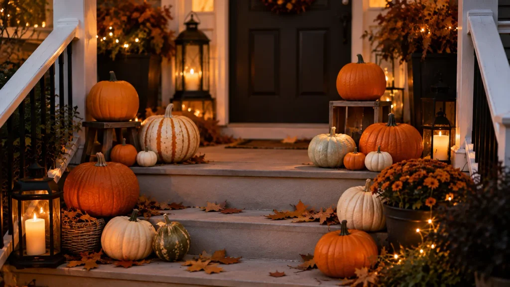 Front porch Halloween decor with pumpkins layered in odd numbers at different heights