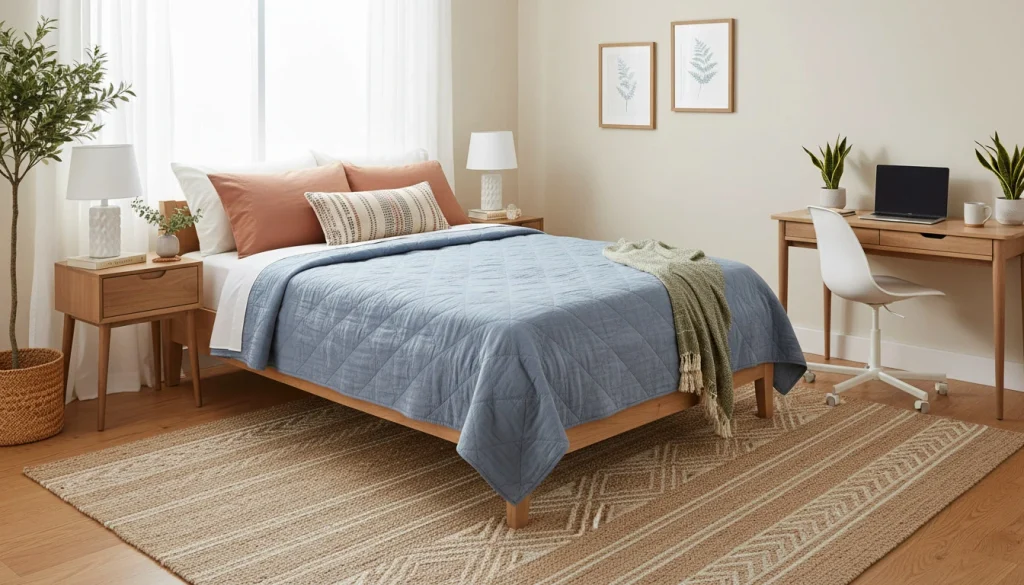 lightweight-quilt-coverlet-dorm-bed Lightweight quilt layered across a dorm bed for warmer rooms