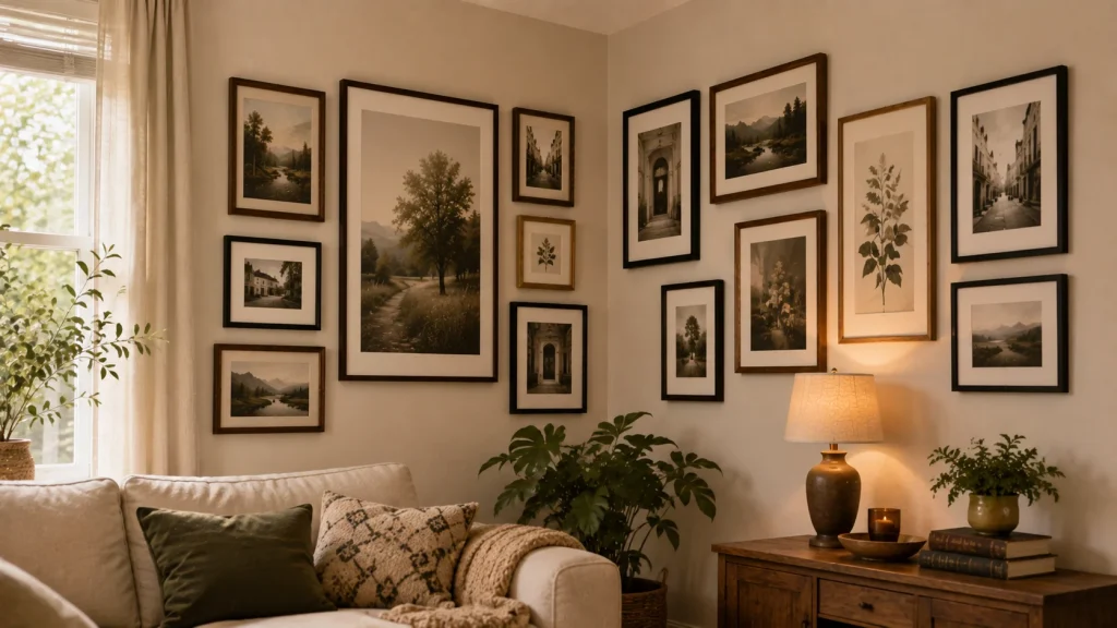 Living room corner wall gallery above a console table Title: Corner Wall Gallery Ideas for the Living Room