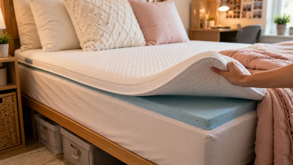 memory-foam-mattress-topper-dorm-bed Memory foam mattress topper adding height and drape to a dorm bed