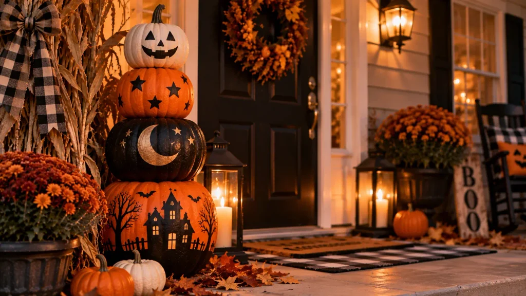 mini-pumpkin-tower-small-porch Stacked mini pumpkin tower idea for small front porch Halloween decor