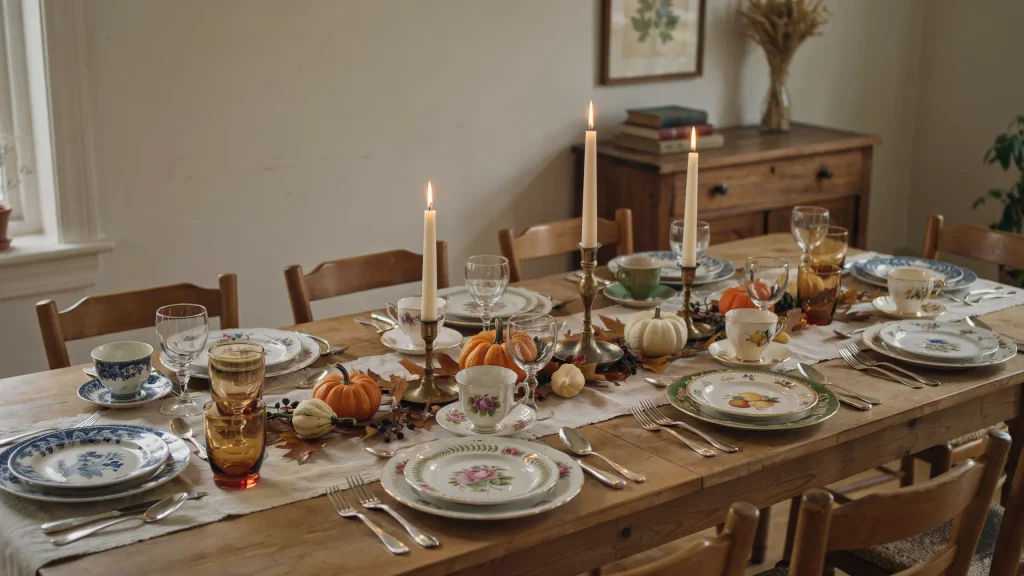Mismatched vintage patterned china plates set for a halloween dinner table