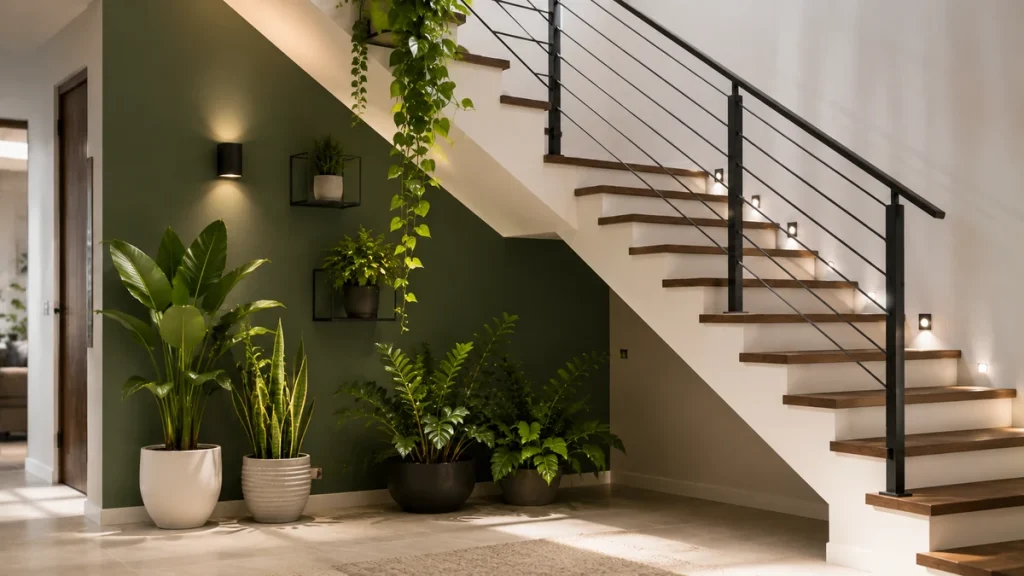 modern-staircase-plant-decor-accent-wall Deep green painted accent wall with a narrow plant ledge under a staircase